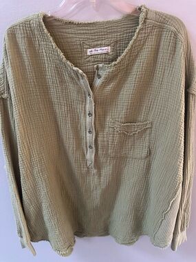 Free People Palo Santo Pullover Oversized Thermal Gauze Top Olive Green Size S